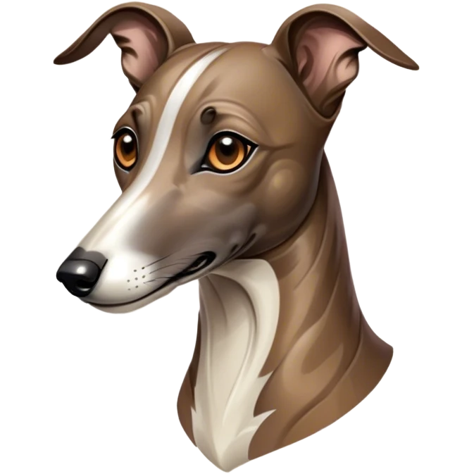 Cinematic Noble Brindle Greyhound Portrait Emoji, Poised and regal, with a slender, aerodynamic build and a refined brindle Fur, deep-set soulful eyes, Simplified yet sharp and sophisticated features, highly detailed, glowing with a soft, dignified glow, high shine, intelligent and agile, stylized with an air of elegance, focused and attentive, soft glowing outline, capturing the essence of a watchful and graceful racer, so majestic it feels as though it could dash out of the screen with effortless authority! emoji