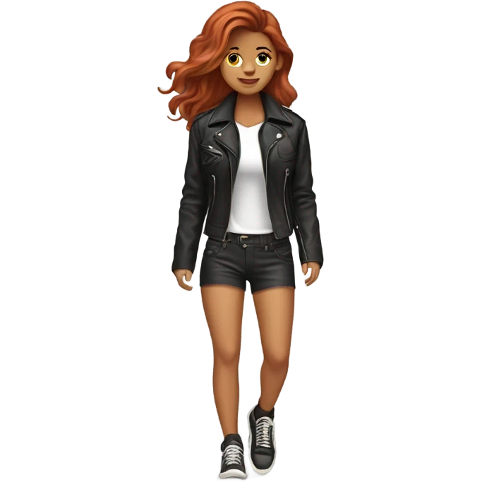 Very tan red haired wavy medium length hair walking her Yorkie in her shorts and leather jacket emoji