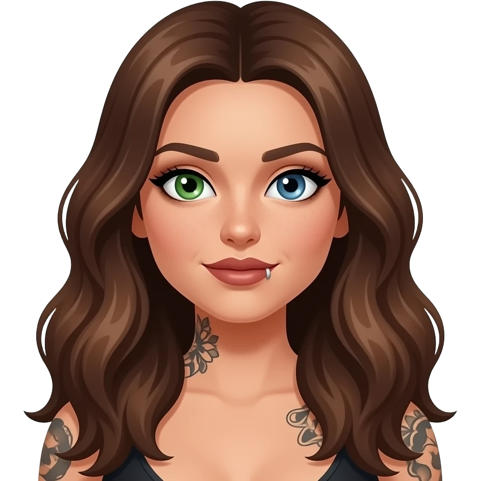 white long wavy haired brunette woman with one green eye one blue eye tattoos a philtrum piercing and a thin streak of white hair at the front and dark feminine makeup emoji