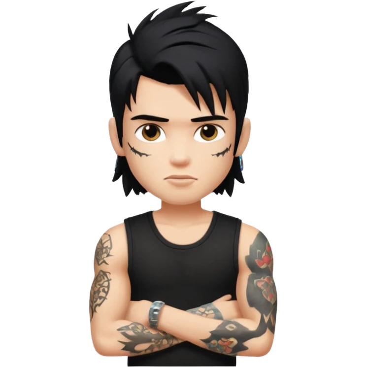 a pretty bratz guy with a black mullet and a sleeveless black top with tattoos on arm emoji