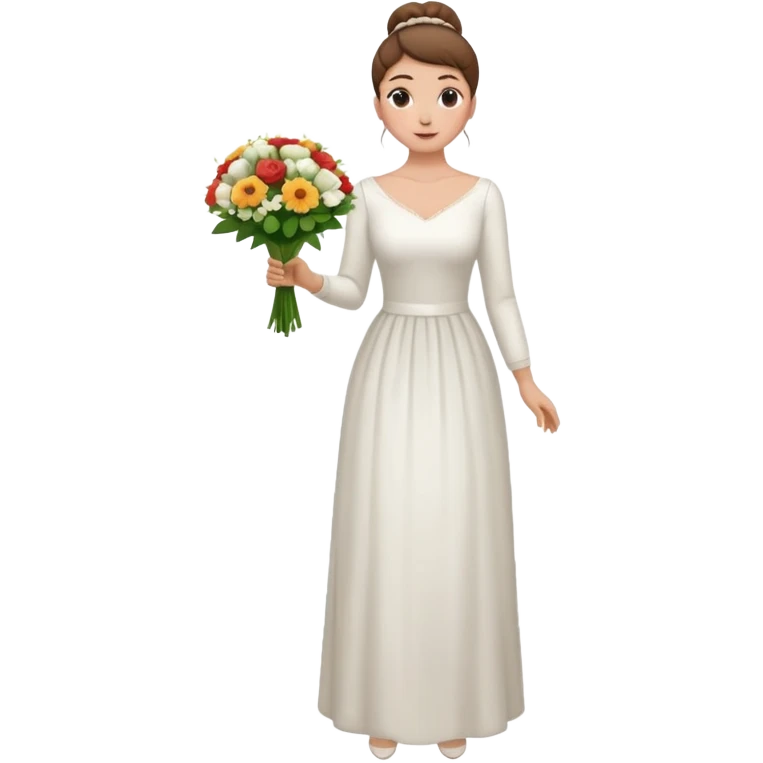 Chica blanca, cabello castaño, recogido en moño alto con mechones, vestido novia de manga larga, cuerpo entero, ramo de flores en una mano emoji