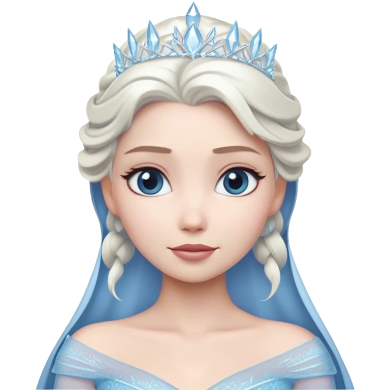 Cinematic Timeless Snow Queen Portrait Emoji, rendered in a clean, vector style. Depict Elsa with icy pale skin, intricately styled platinum hair, and a serene, regal expression, dressed in a minimalist ice-blue gown. The design features bold, simplified shapes, a soft, drowsy crystalline glow, and a subtle glowing outline, capturing the essence of timeless, majestic winter beauty. emoji