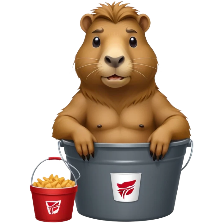 Muscular capybara with Johnny Depp features, goatee, long hair, sitting in a KFC bucket emoji