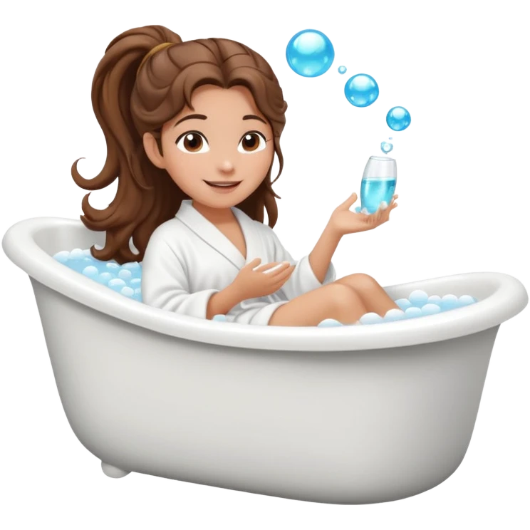 girl with wavy long ponytail brown hair, brown eyes, light to medium complexion, long lashes, lying full body in a white bathtub with bubbles with one foot out of the tub, side view emoji
