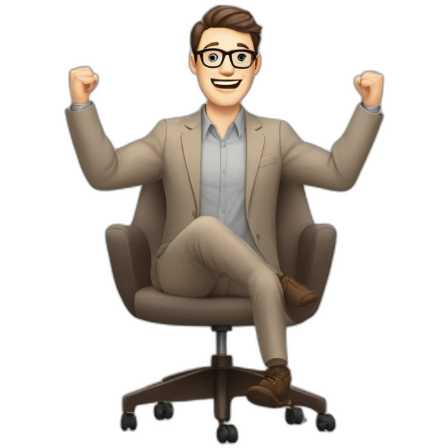 Joyful Celebrating victory Hands up Pale skinned Fit Man With dark brown hair in gray jacket, beige office shirt, Brown pants and vintage glasses sitting In a soft chair emoji