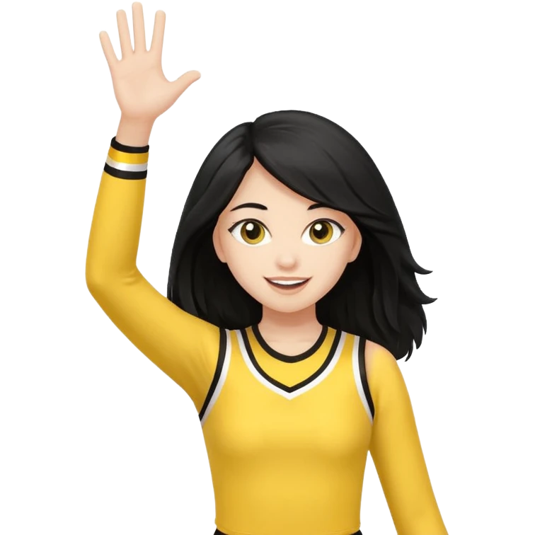 A long black hair teen girl waving pom-poms, eyes sparkling with excitement, yellow cheer leader top emoji