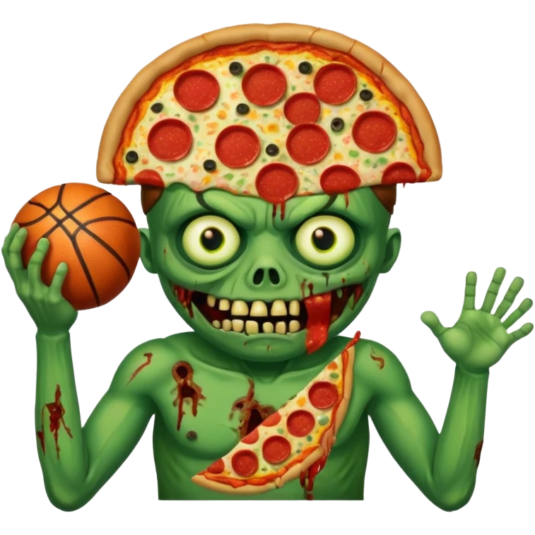 a glitch abomination with hands for a head, a baskeball stomach, pizza eyes, eyepatch, and zombie wounds emoji