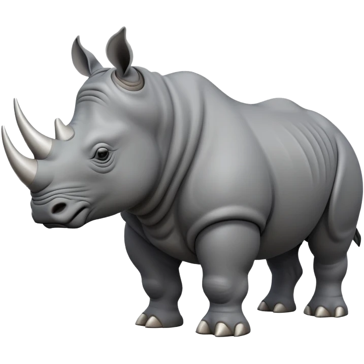 cinematic-rhino-full-body-standing-emoji,slate grey skin -massive-body-poised-powerfully,-thick-horn-curving-slightly-forward,-head-tilted-dramatically,-rough-grey-hide-covered-in-dust,-simplified-focused-features, emoji