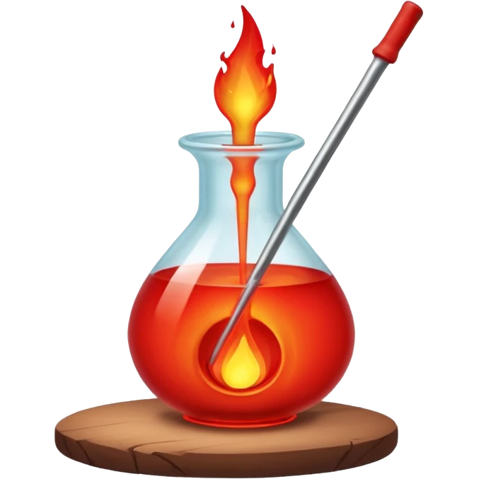 Glassblowing and casting icon, molten glass being shaped into a delicate object with a blowpipe, glowing red-hot glass being poured into a mold, unfinished glass sculpture, minimalistic style, clean lines, transparent background. emoji