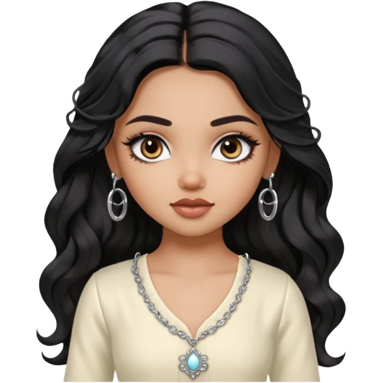 a pretty bratz dusky girl with long wavy black hair, kajal under eyes, small silver hoop. ivory coloured kurti emoji