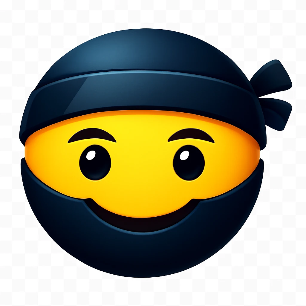 Make the ninja look exactly like the reference image, but only show the face, remove the weapon, and make the ninja smile. Keep the emoji style and the same colors. The style is emoji, which is apple style emojis with concise prompts. emoji