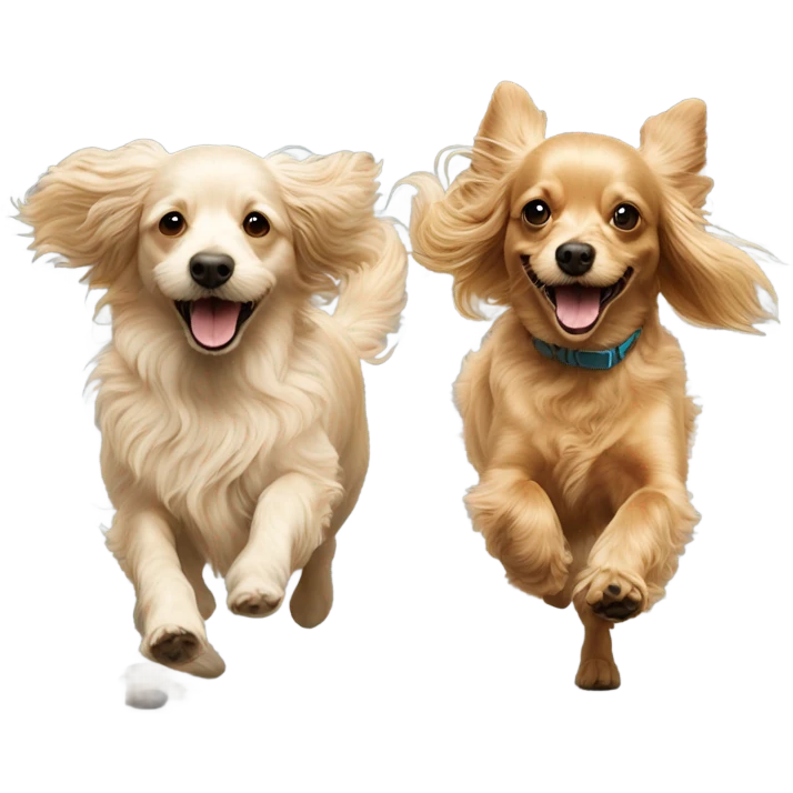 Two golden doodles and one long haired chihuahua running together emoji