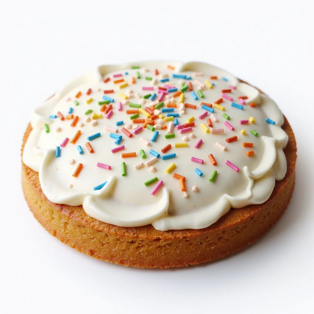 realistic round cake with white frosting and colorful sprinkles, photorealistic style emoji