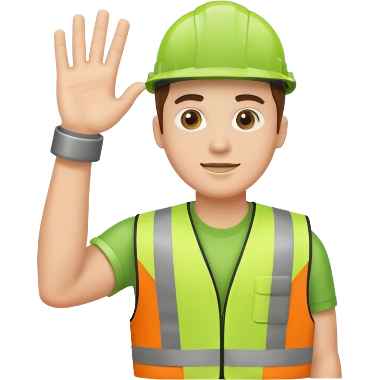 employee holding a car engine part in one arm, waving right hand, wearing a green safety vest emoji