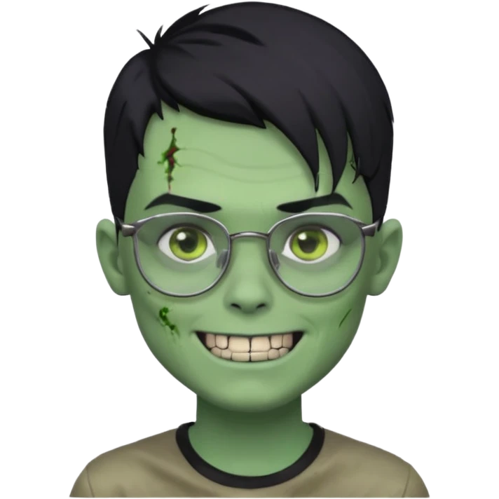 zombie boy, modern hair, green skin, black hair, glasses, risk on the eyebrow, scars, creepy expression, smile, silver teeth emoji
