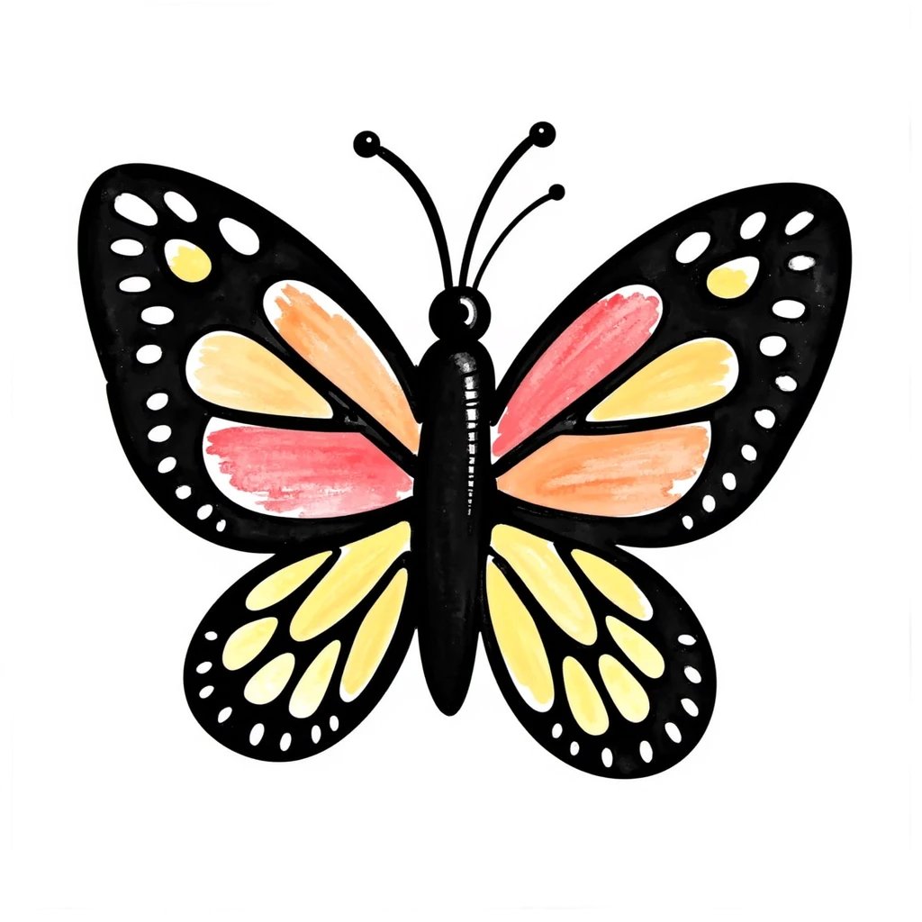 colorful butterfly drawn in childlike crayon style, centered, isolated on white background emoji