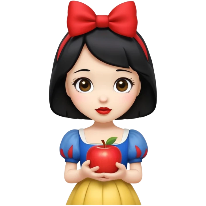 A cute and simplified emoji of Snow White, inspired by Disney's iconic look: short black bob haircut, red bow headband, fair skin, big round eyes, red lips, and holding a red apple. She wears a blue and yellow dress with puffed sleeves. Chibi-style, kawaii expression, small size, high detail for emoji use, clean vector lines, soft shading, white background. emoji