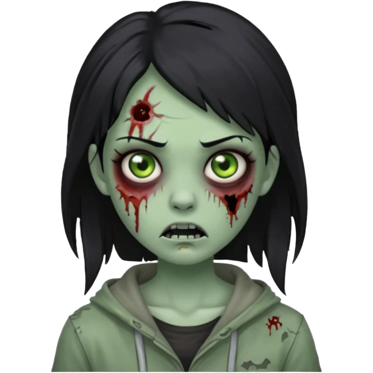 zombie girl with black hair, tattered clothes, horror zombie green emoji