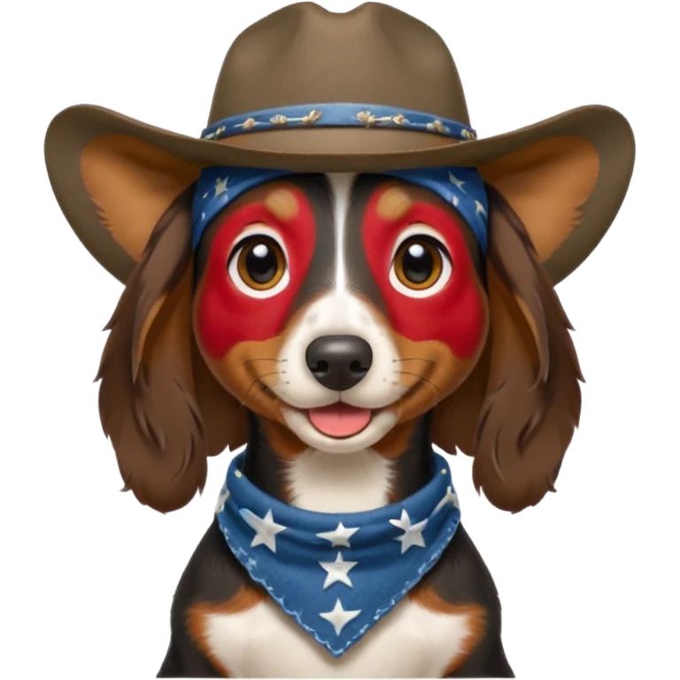 mostly black with some brown long hair daschund with a cowboy hat, ears curl out a bit and bandana and tongue slightly out emoji