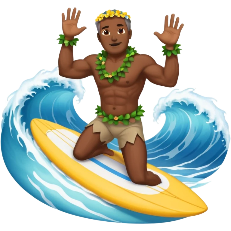 Dark muscular 50 year old man lei riding a big wave emoji