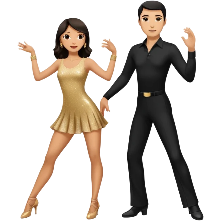 Photorealistic dancesport professional latin couple dancing the cha cha cha at the competition dancefloor, the women is in skinny short sparkly dress, the man is in black shirt and black classic pants, the women has brown long hair, the man has short black hair  emoji
