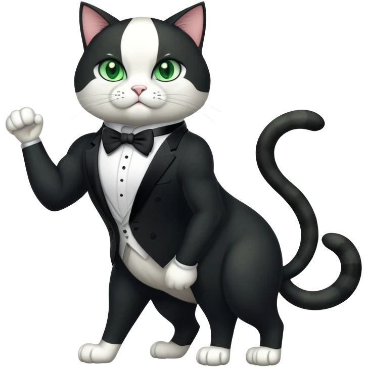 Buff Jacked up Huge jumbo Super Duper Muscular Cat with a 10 pack full body black and white tuxedo colored body and green eyes  emoji