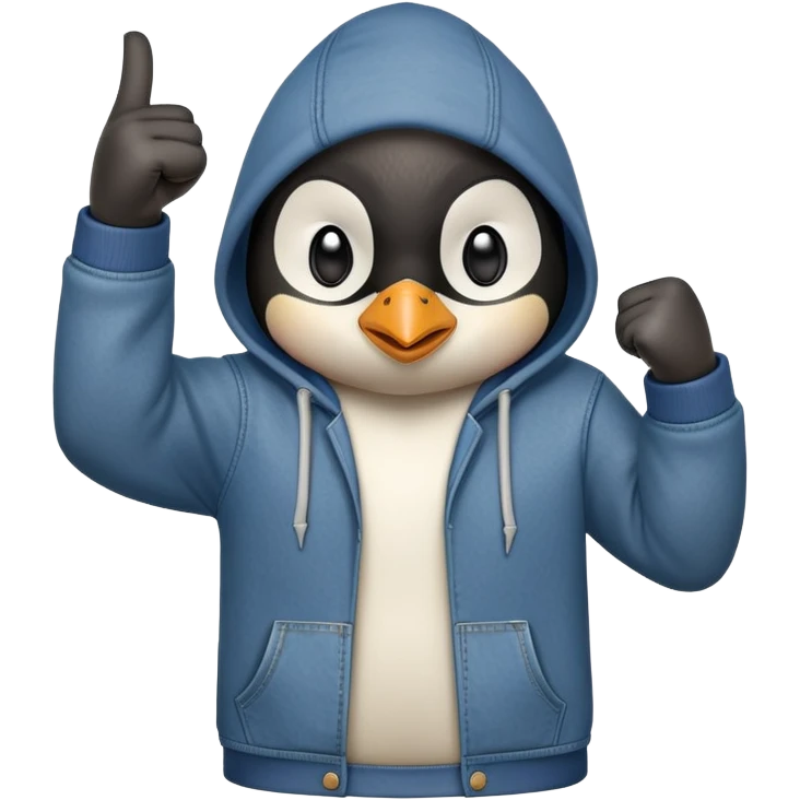 determined anthropomorphised penguin in a hoodie and jeans doing a fist pump emoji