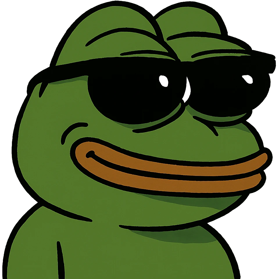Pepe the Frog wearing sunglasses, looking cool, classic Pepe style emoji