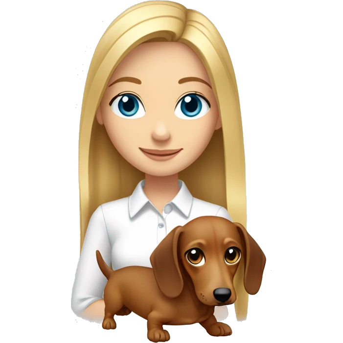 a blonde girl with medium straight hair and blue eyes wearing white shirt and holding her brown dachshund emoji