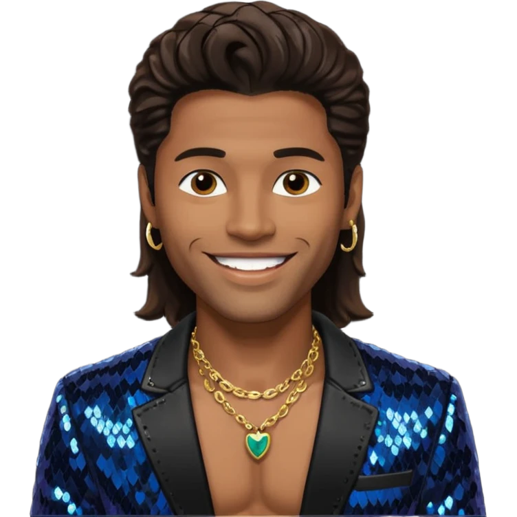 Eric Benét with long dark brown hair, black sequin jacket, shirtless with necklace emoji