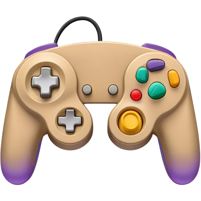 Clash of Clans aesthetic: Cinematic Playful GameCube Controller Portrait Emoji, rendered in a 3D vector-style similar to standard emojis with minimal shading and bold, simplified shapes. A compact, distinct form with signature details, softly glowing with a nostalgic gaming charm. Simplified yet unmistakably iconic, highly detailed and consistent, glowing with a soft radiance and high shine. Stylized with a touch of retro gaming magic and a soft glowing outline, capturing the essence of a beloved gaming relic with a friendly, playful manner! emoji