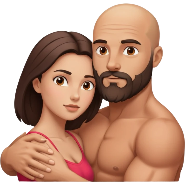 Muscular Bald man with a beard passionately embracing his young brunette wife  emoji