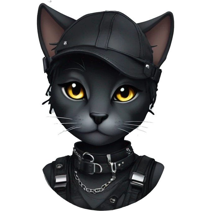Gorgeous dark techwear cyberpunk style anthro cat sona, punk aesthetic, and pretty edgy black with collar and harness, trending style emoji