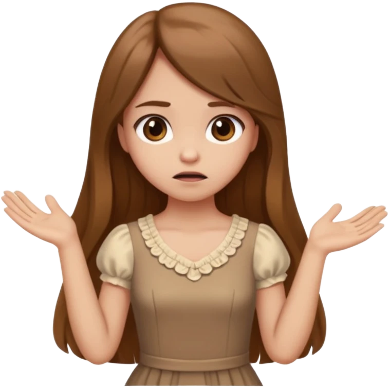 fake costumer loyalty, girl that doesn't care, she is like whatever, brown long hair, cute dres and her hand showing like i dont care whateve emoji