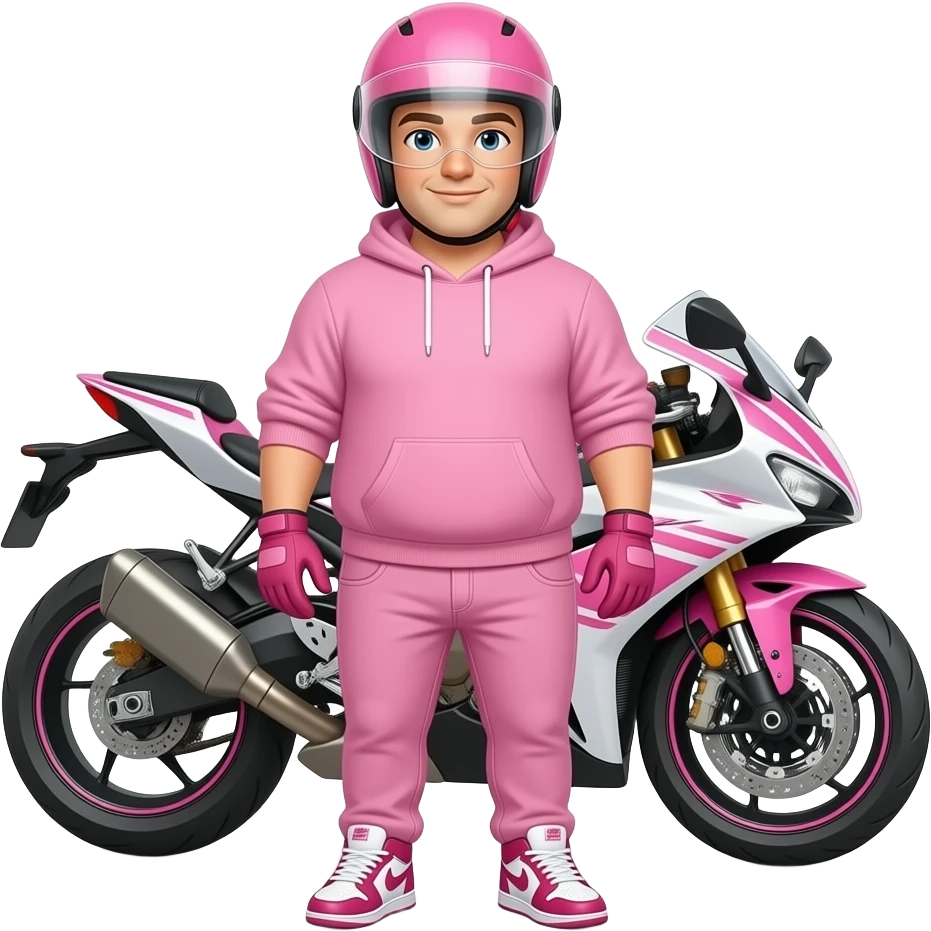 young full-figured man with pink jeans and a pink hoodie wearing white pink sneakers and pink gloves, also he wears a pink motorcycle helmet with full vision and stands in front of a pink white motorcycle emoji