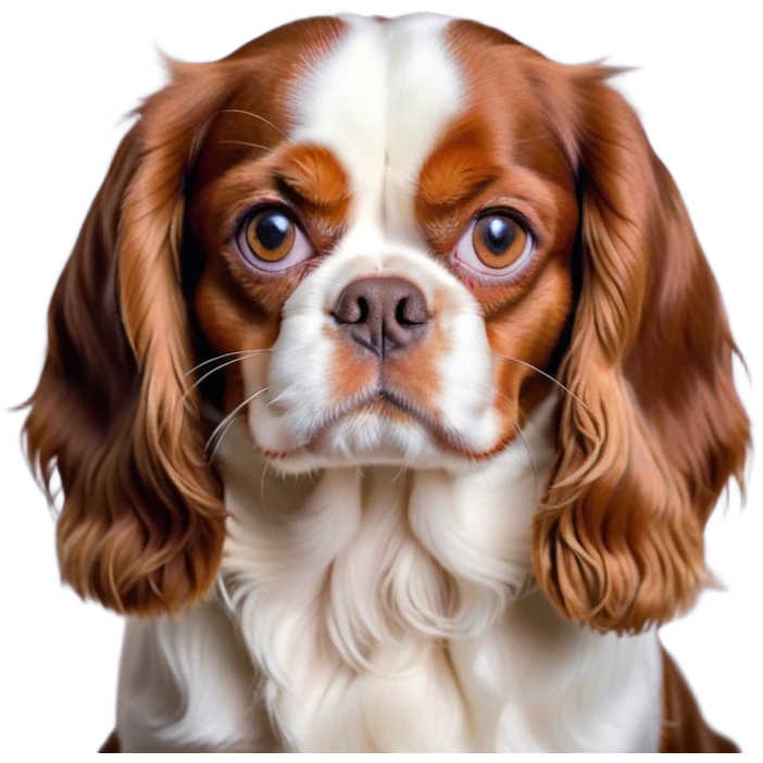 Cinematic Meme-Worthy Grumpy Blenheim Cavalier King Charles Spaniel Portrait Emoji, Head held high but eyes filled with dramatic disappointment, smooth Blenheim coat with striking chestnut and white patches, deeply furrowed brow forming an unmistakable scowl, floppy ears slightly angled back in disapproval, piercing brown eyes glaring with pure exasperation, Simplified yet hilariously over-exaggerated features, highly detailed, glowing with an aura of supreme annoyance, high shine, exhausted yet judgmental, stylized with an almost regal pettiness, bright but brooding, soft glowing outline, capturing the essence of a companion that has seen it all and is thoroughly unimpressed, so meme-worthy it feels like it could instantly become the next viral sensation of grumpiness! emoji