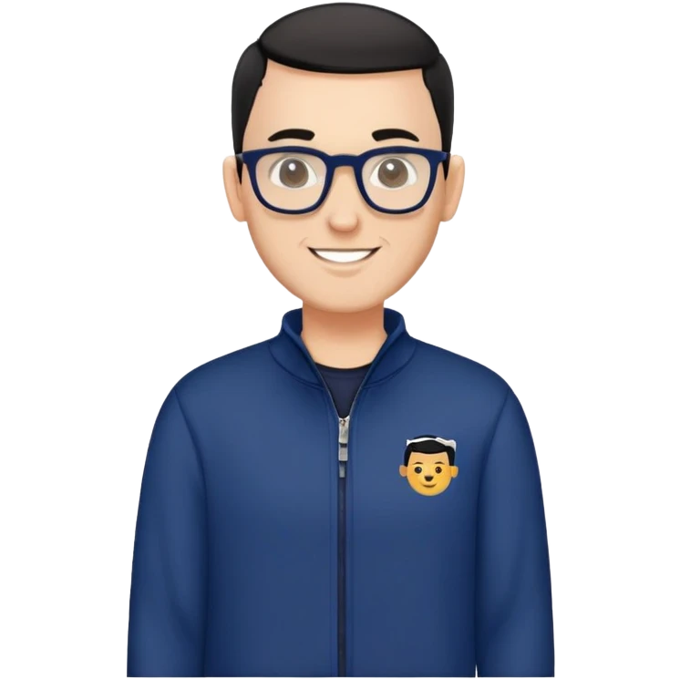 Fair-skinned man with extremely short black hair (very close buzz cut), short salt and pepper beard, large black-framed glasses, smiling, wearing navy blue long sleeve zip sweatshirt emoji