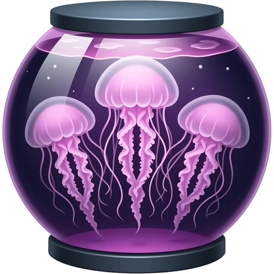 Big three jellyfish in a completely round aquarium swimming pink purple Colors light (dark water) emoji