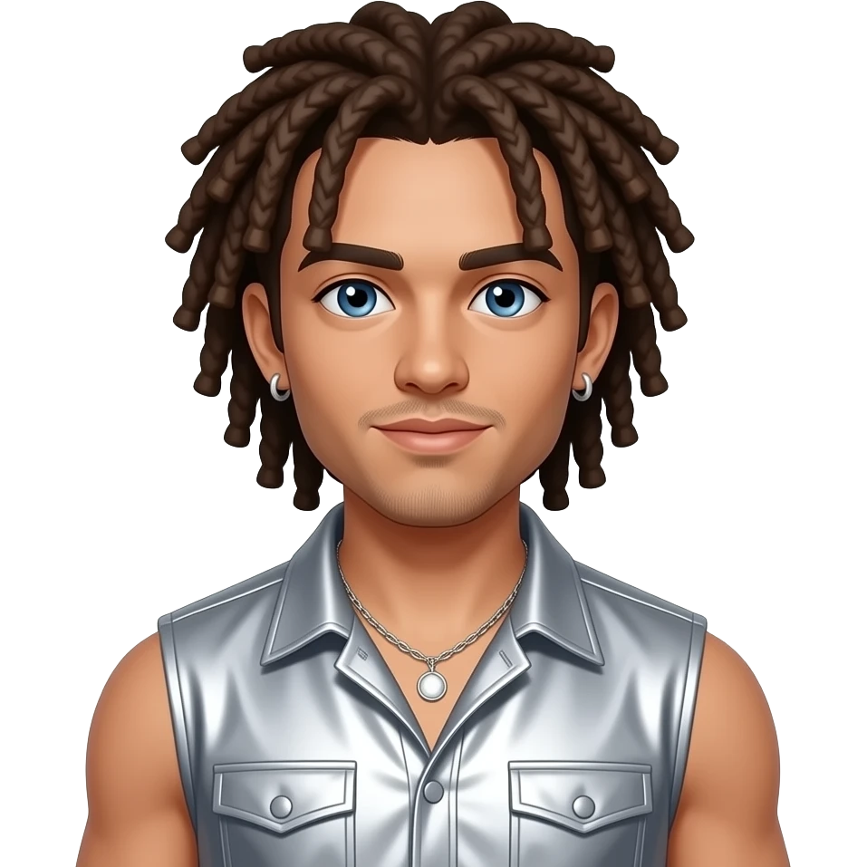 Jacob Underwood from O-Town with blue eyes, brown 2000s dreads, silver metallic sleeveless shirt, necklace and earrings emoji