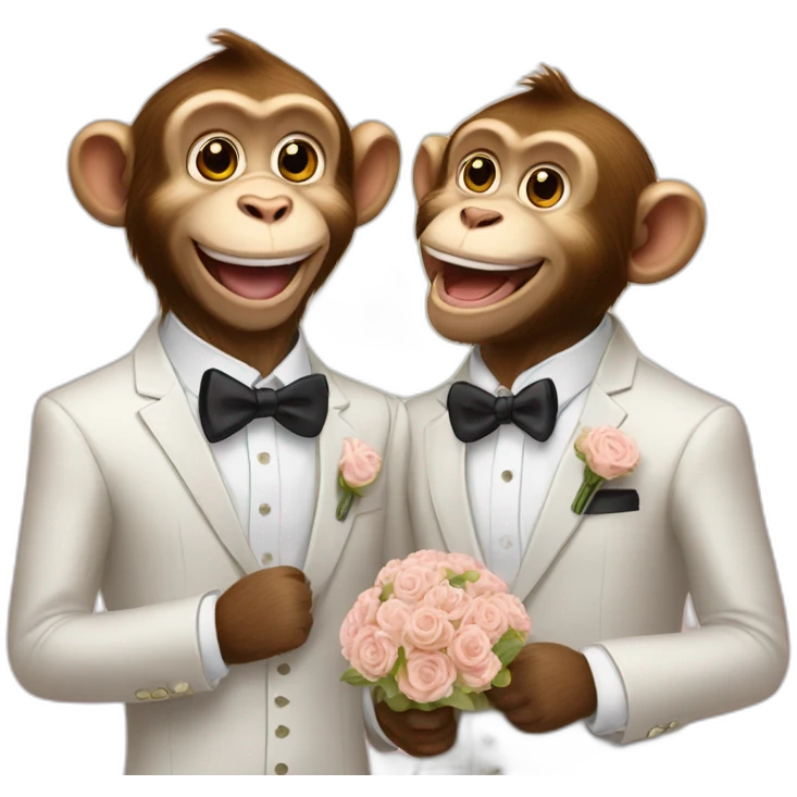 Two male monkeys celebration their wedding accompained with their golden retriever. emoji