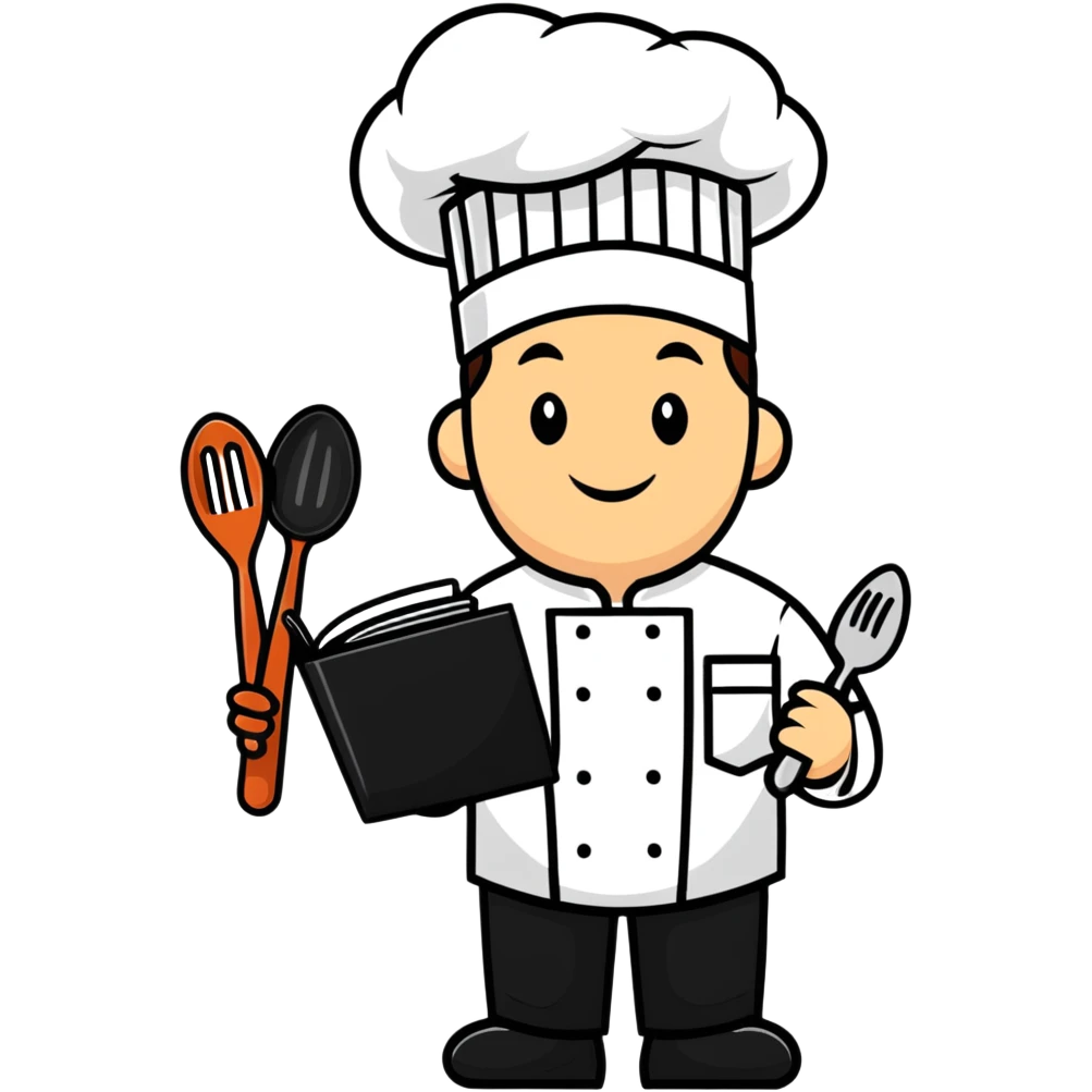Enthusiastic chef wearing business suit and chef hat, holding cooking utensils and a sales contract emoji