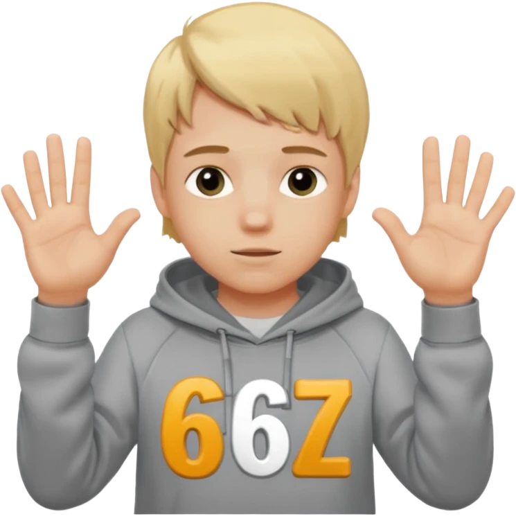 a white kid blone hair with a grey hoodie and his above his hands saying 67 one 6 on 1 hand 7 on the other emoji