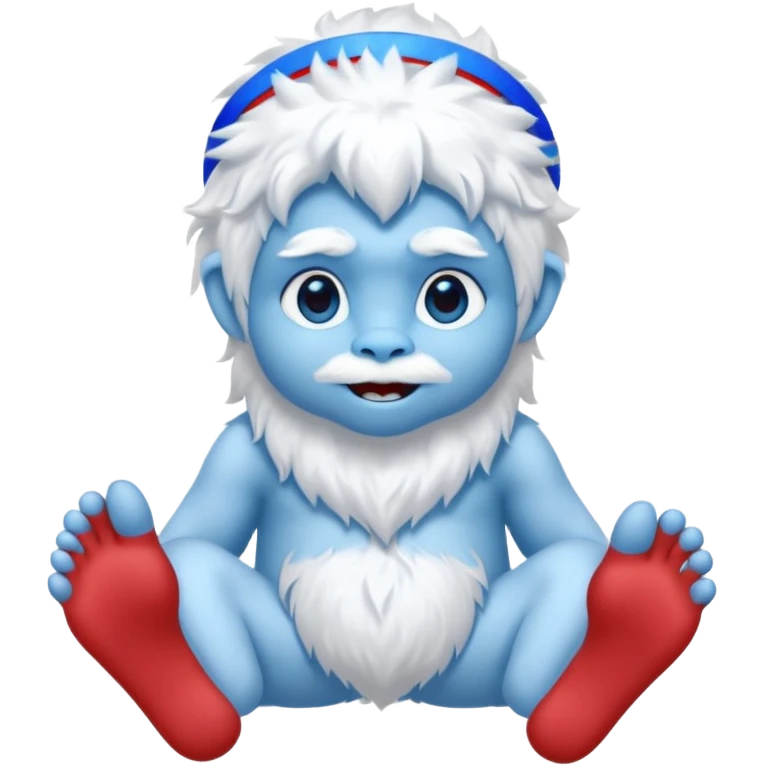 un yeti blanc avec des main et pied bleu et son nez bleu aussi , il a aussi els yeux bleux , et porte un bandeau rouge  emoji
