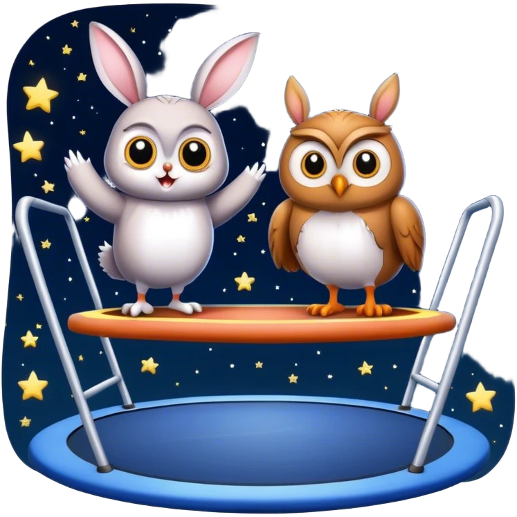 rabbit and owl on trampoline with starry sky emoji