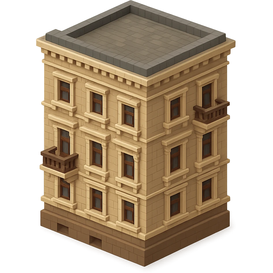 old Saint Petersburg building in voxel style, gray-brown palette, detailed cornices and balconies, isometric view emoji