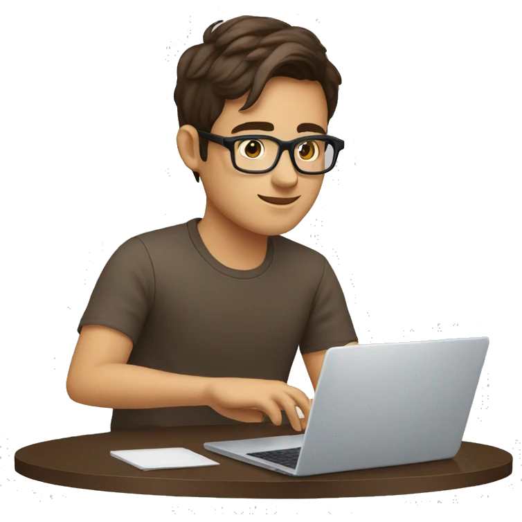 young male causcasian designer, brown hair, tortoise square eyeglasses,  working on laptop emoji