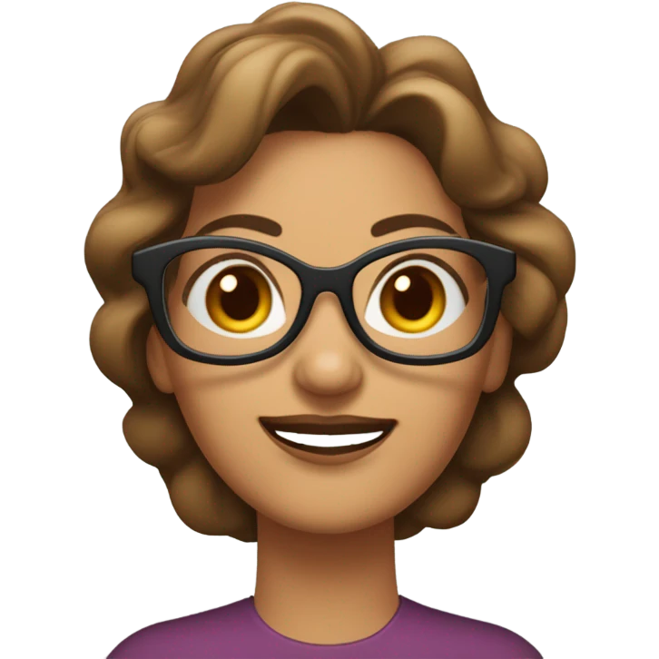 chica blanca de mediana edad con gafas estilo mariposa y pelo rizado castaño con canas emoji