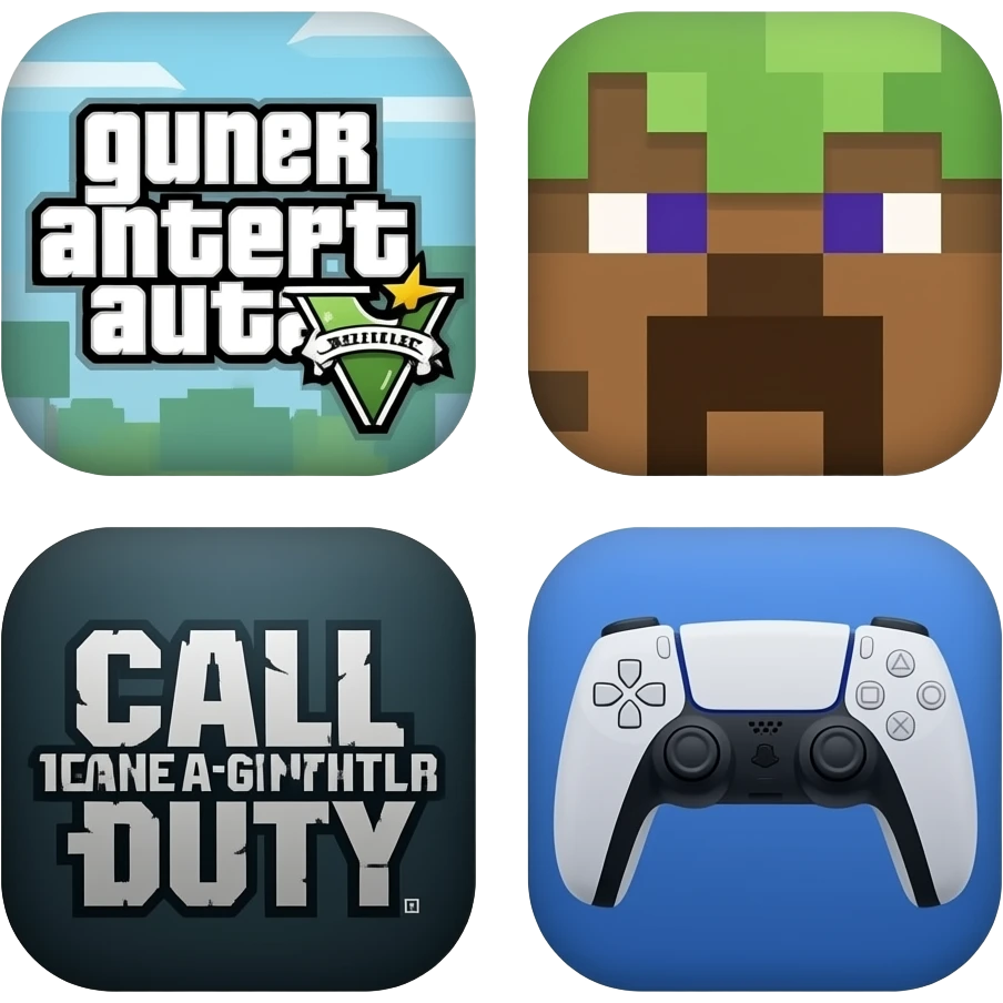 icone avec a l interieur des icone de jeu gta minecraft call off et une mannette ps5 devant emoji