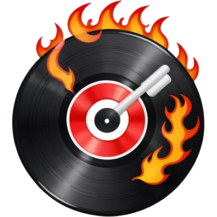 a black vinyl record white stick  with red outlin and flames  emoji