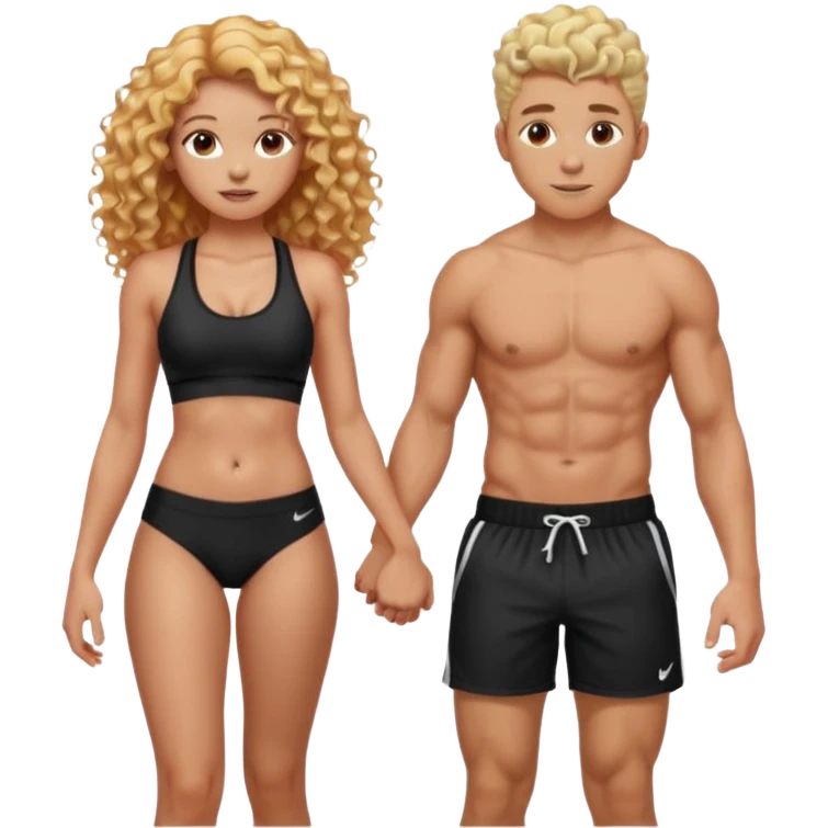 athletic man, high top fade, blonde curly hair only top only, no shirt and Athletic girl with long light red wavy long hair and black sports, Put them together kissing, or holding hands emoji
